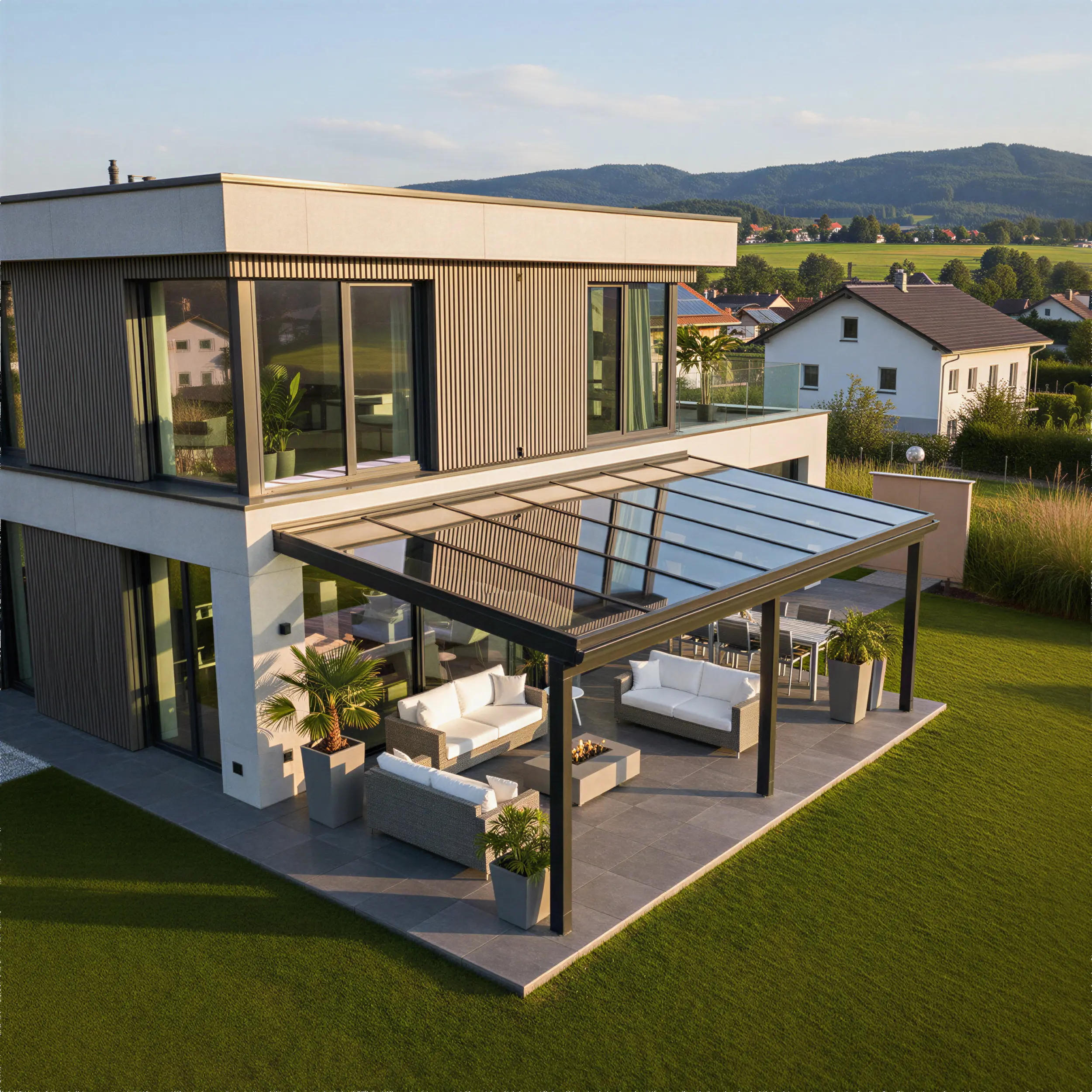 Exklusive Terrasse mit einer hochwertigen Dachverglasung an einem modernen Einfamilienhaus in kubischer Architektur.