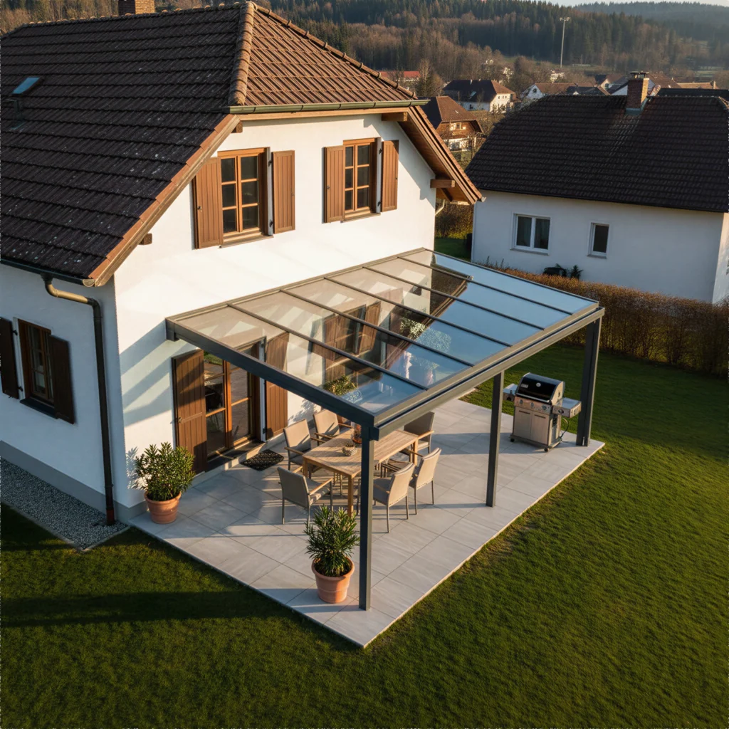 Klassisches Wohnhaus mit moderner Dachverglasung über der Terrasse.