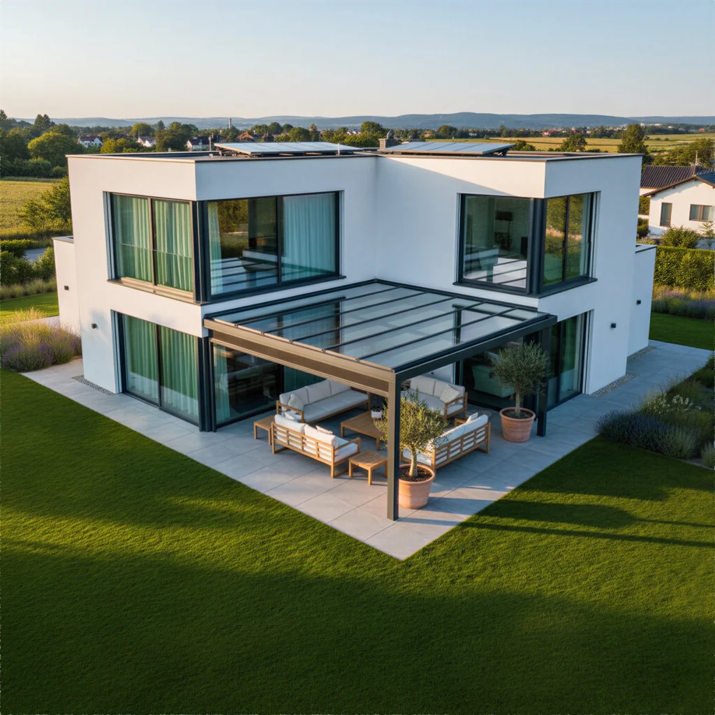 Moderne Dachverglasung in Anthrazit auf einer hellen Terrasse eines minimalistischen Einfamilienhauses.