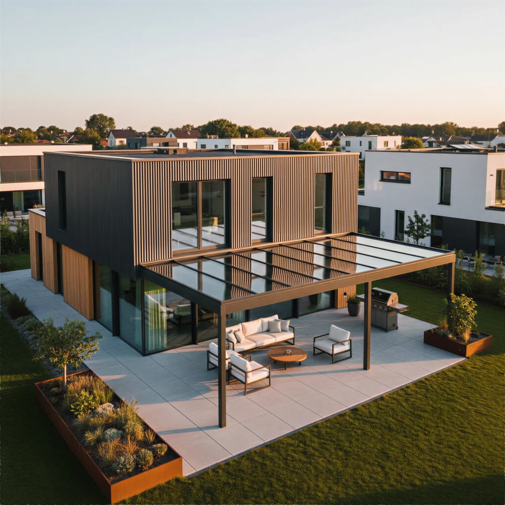 Luxuriöse Terrasse mit einer flachen Dachverglasung an einem modernen Neubau. Die minimalistische Überdachung schützt den exklusiven Loungebereich im Garten