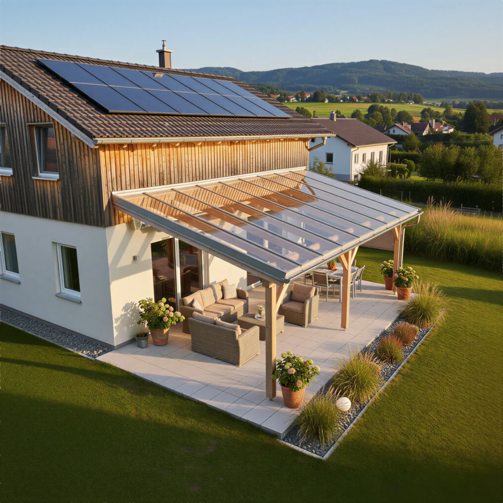 Vogelperspektive einer hellen Terrasse mit einer Dachverglasung auf einer hellen Holzkonstruktion.