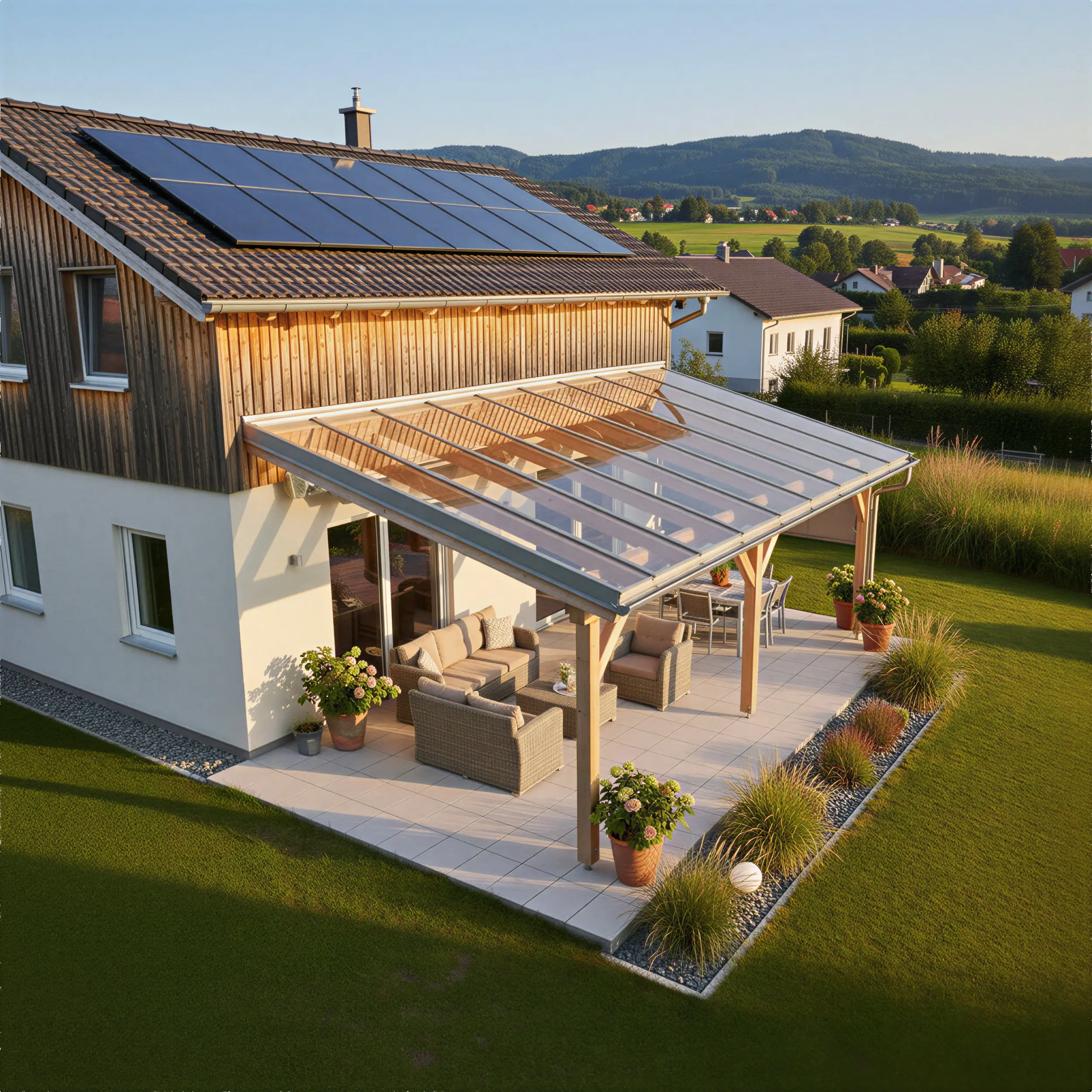 Vogelperspektive einer hellen Terrasse mit einer Dachverglasung auf einer hellen Holzkonstruktion.