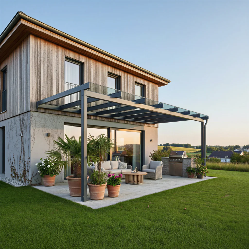 Moderne Terrasse mit einer eleganten Dachverglasung und einer Aluminium-Unterkonstruktion an einem Haus mit Holzverkleidung.