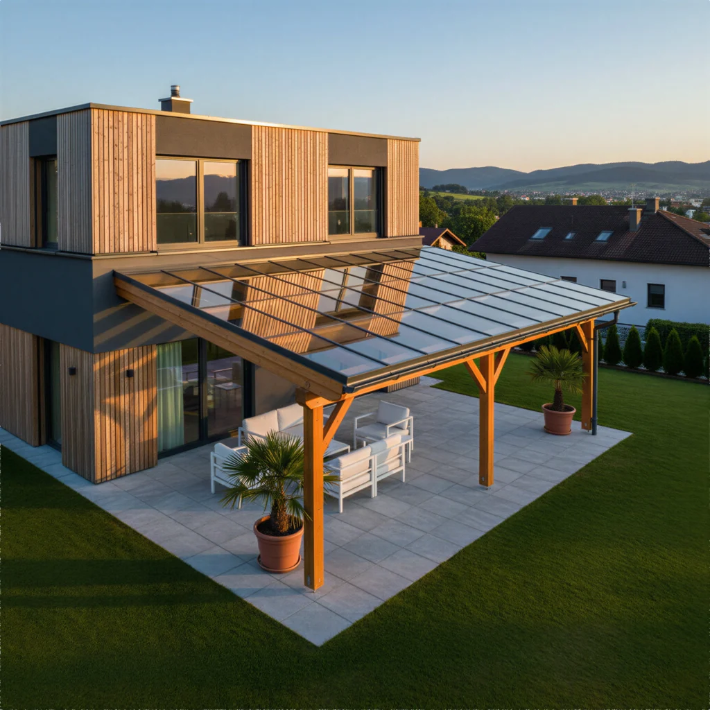 Gartenansicht eines modernen Hauses mit einer eleganten Terrassenüberdachung aus Glas und Holz (Dachverglasung).