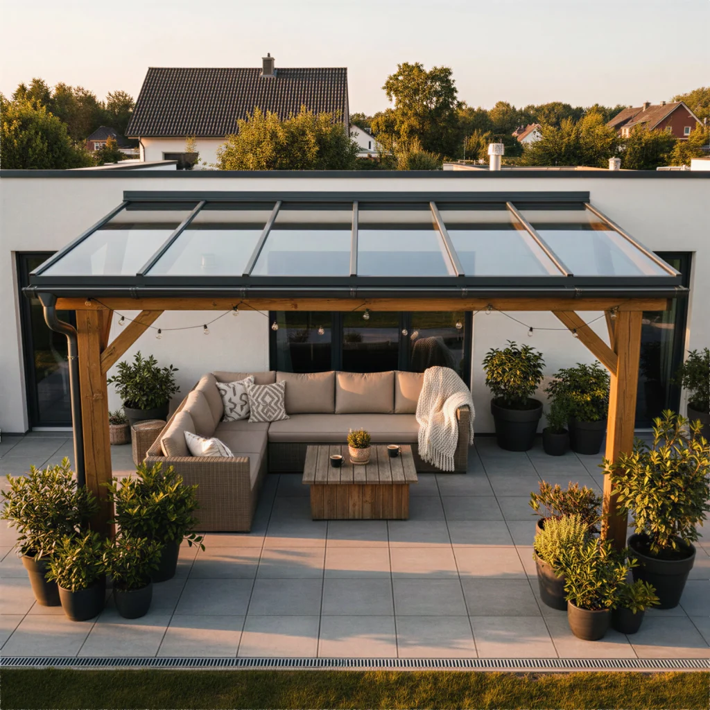 Moderne Dachverglasung mit anthrazitfarbenen Aluminiumprofilen an einem Einfamilienhaus über der Terrasse.