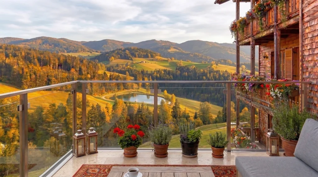 Gemütliche Terrasse eines Holzhauses mit Schindelfassade und Blumenschmuck. Das Balkongeländer besteht aus Edelstahlpfosten und Klarglas-Elementen und bietet einen freien Blick auf einen Bergsee und bewaldete Hügel bei warmem Abendlicht.
