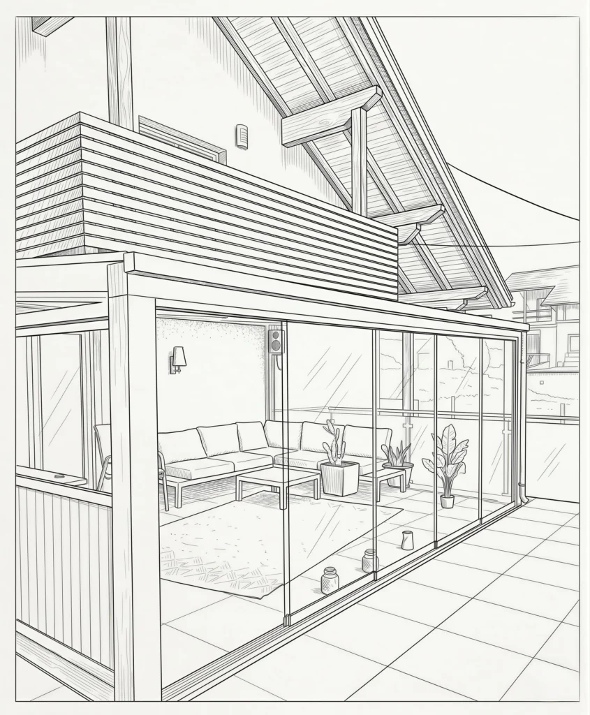 Technische Architektur-Skizze einer Terrassenverglasung mit rahmenlosen Glasschiebewänden. Die Zeichnung zeigt einen gemütlich eingerichteten Sommergarten unter einem Balkon, geschützt durch großflächige Glaselemente.