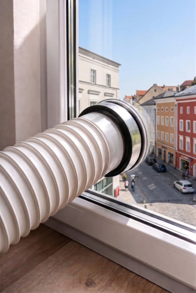 Eine moderne Fensterverglasung mit einem präzisen, kreisförmigen Lochausschnitt im unteren Bereich der Isolierglasscheibe. Durch die Öffnung ist der Abluftschlauch einer mobilen Klimaanlage fest und luftdicht nach außen geführt.