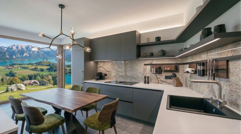 Großzügige Eck-Küchenrückwand aus Glas mit Marmor-Digitaldruck in einer modernen Design-Küche mit Blick auf die Alpen.