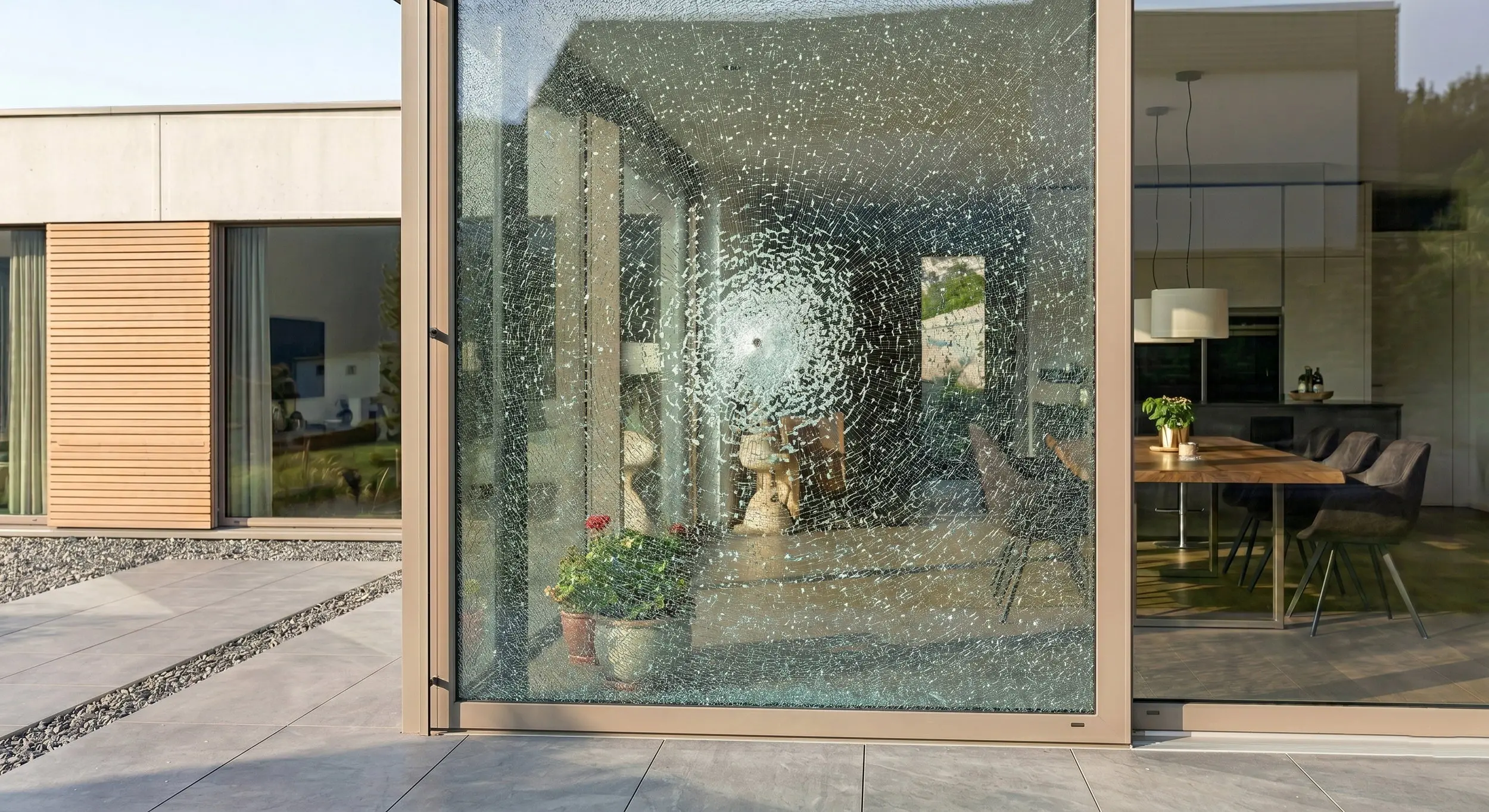 Eine großflächige Balkontür aus Glas mit einem massiven Glasschaden. Das Einscheibensicherheitsglas (ESG) ist komplett in ein feinmaschiges Netz aus kleinen Krümeln zersprungen, bleibt aber im Rahmen.