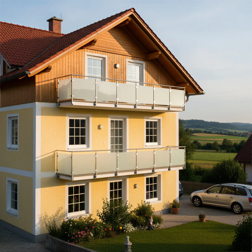 Traditionelles Einfamilienhaus mit zwei Balkonen. Die Geländer bestehen aus Edelstahlpfosten, Glasklemmen und satiniertem Glas (Milchglas) für optimalen Sichtschutz.