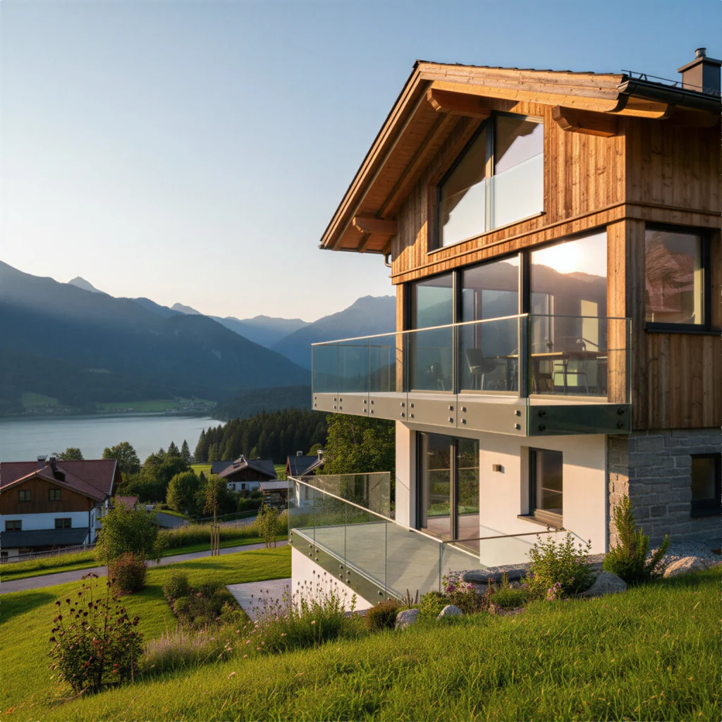 Modernes Holzhaus mit punktgehaltenem Glasgeländer an Balkon und Terrasse. Die Glasscheiben sind mit Edelstahladaptern seitlich an der Fassade befestigt und bieten freien Blick auf See und die Berge.