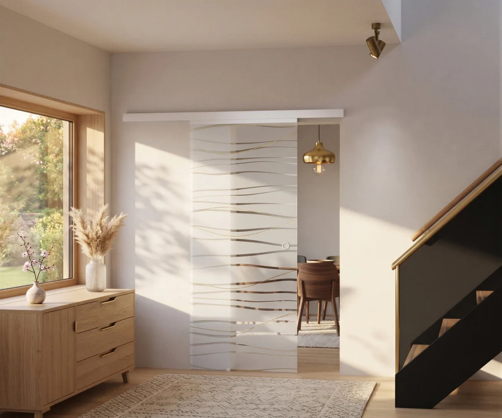 Moderne Glasschiebetür mit wellenförmigem Satinato Digitaldruck.