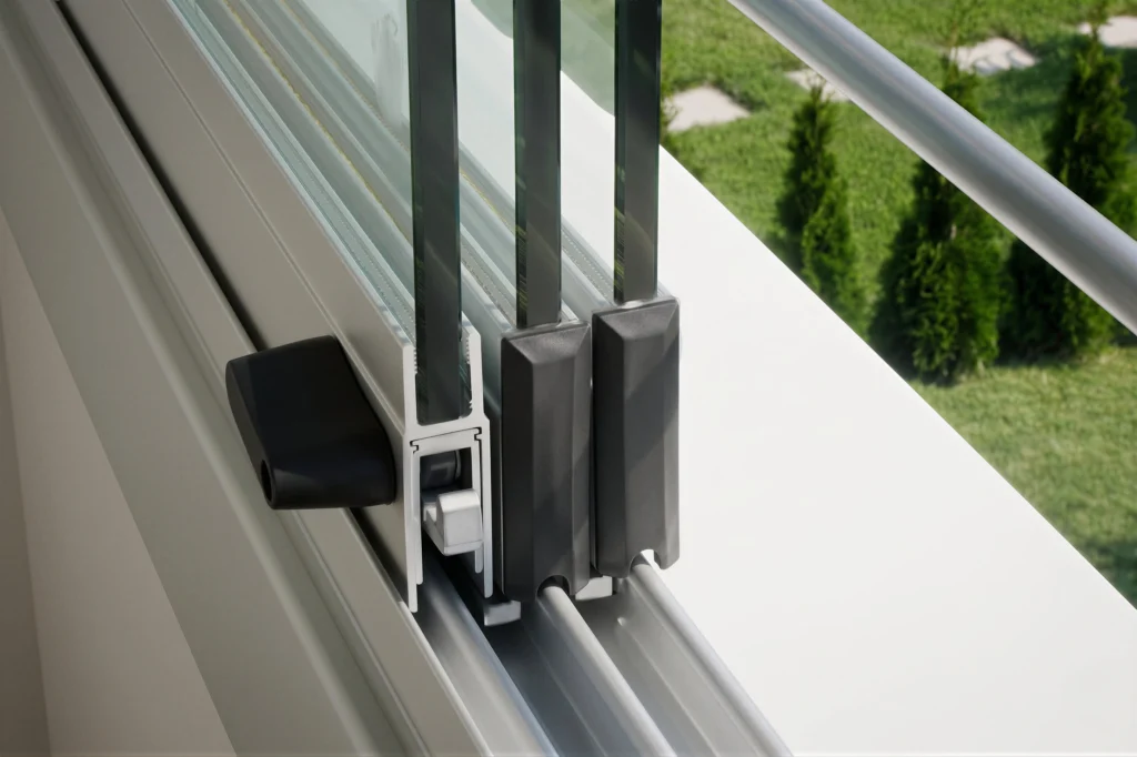 Detailaufnahme einer 3-spurigen Bodenschiene einer Glasschiebewand. Man sieht die präzise Führung der rahmenlosen Glaselemente, die kugelgelagerten Laufwagen und die flache Bauweise des Aluminiumprofils.