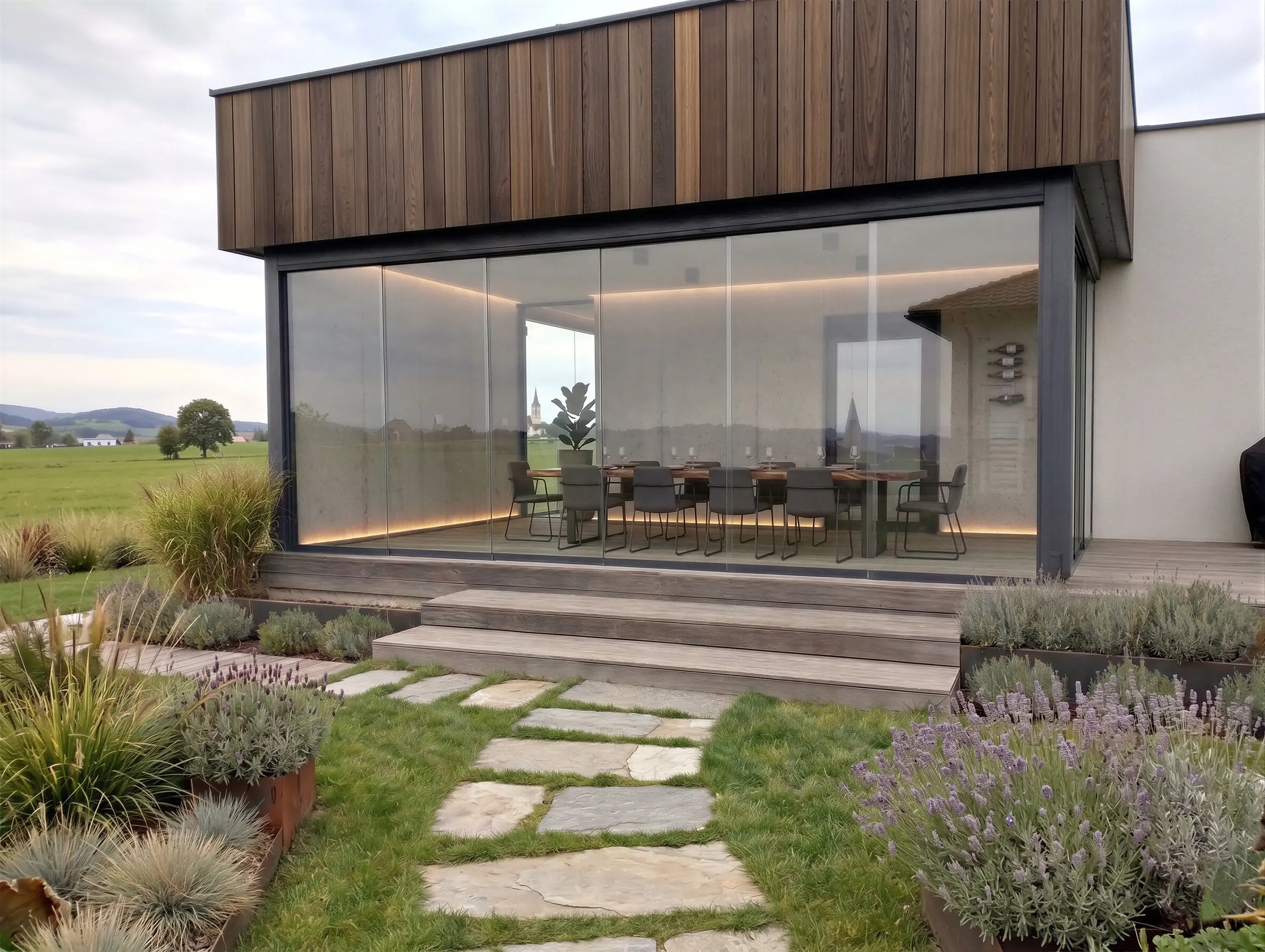 Panorama-Außenansicht eines modernen Gartenpavillons mit einer 6-teiligen rahmenlosen Glasschiebewand. Die Verglasung umschließt einen Essbereich mit großem Tisch und indirekter Beleuchtung. Im Hintergrund erstreckt sich eine weite, grüne Hügellandschaft.