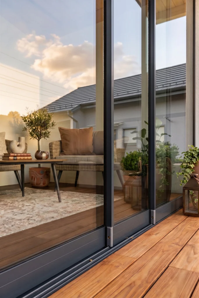 Detailaufnahme der vertikalen Profile einer Glasschiebewand in Anthrazit. Man sieht die integrierten Bürstendichtungen zwischen den Glaselementen, die auf einer Holzterrasse montiert sind. Im Hintergrund ist eine gemütliche Lounge-Ecke sichtbar.