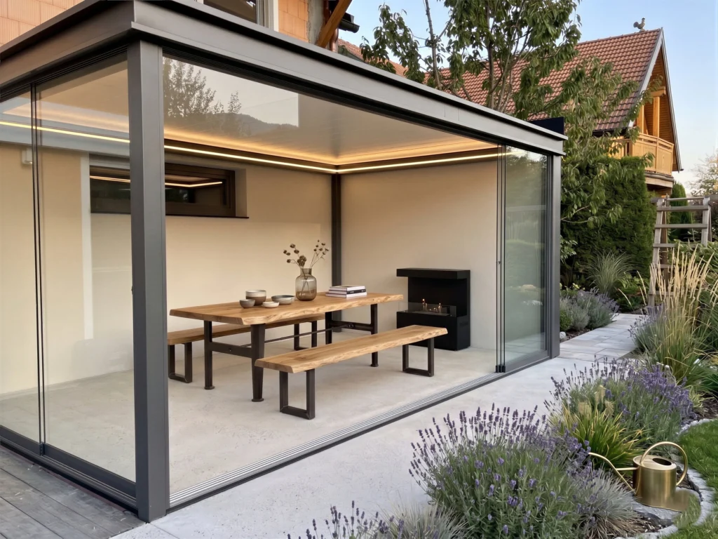Ein stilvoller Sommergarten mit rahmenlosen Glasschiebewänden und anthrazitfarbenem Profil. Im Inneren befindet sich eine massive Holz-Sitzgruppe und ein moderner Außenkamin. Die umlaufende LED-Beleuchtung unter dem Dach sorgt für eine stimmungsvolle Atmosphäre.