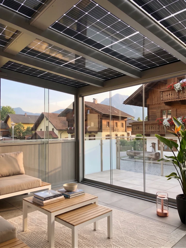 Innenansicht eines modernen Sommergartens mit Photovoltaik-Glasdach und rahmenlosen Glasschiebeelementen. Die Aussicht zeigt ein alpines Dorfpanorama mit traditionellen Holzhäusern. Hochwertige Loungemöbel und ein heller Teppich sorgen für ein wohnliches Ambiente.