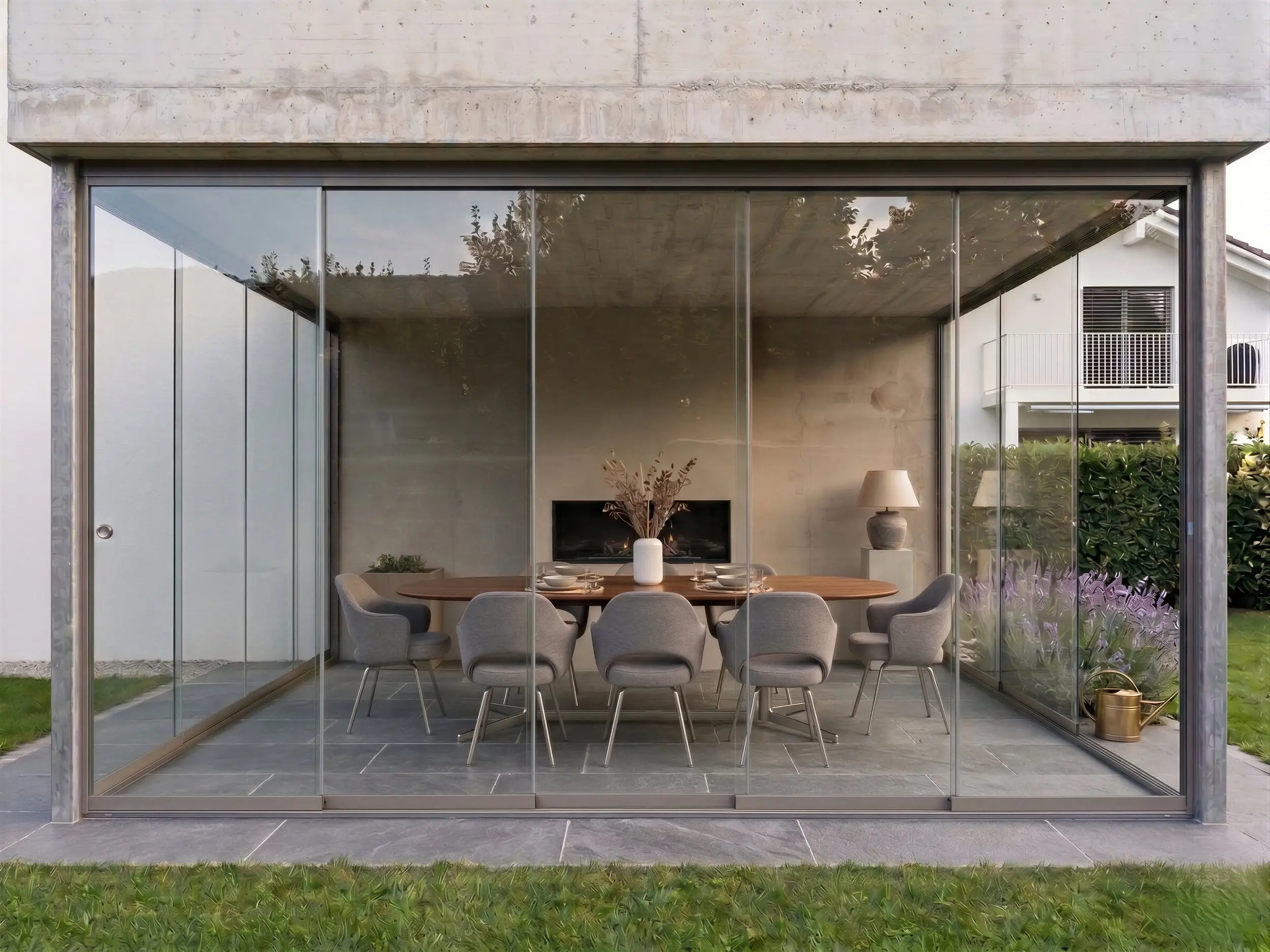 Moderne Terrassenverglasung mit rahmenlosen Glasschiebe-Elementen. Die Glasfront umschließt einen Essbereich im Freien mit Sichtbetonwänden, einem Kamin und eleganten grauen Polsterstühlen.