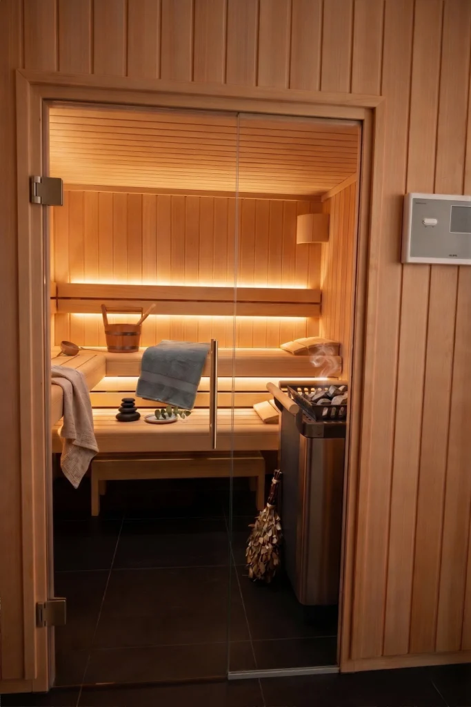 Eine rahmenlose Saunaglastür aus Klarglas mit Edelstahlbeschlägen und einem dezenten Stoßgriff. Der Blick ins Innere zeigt eine beleuchtete Saunakabine mit Holzbänken, einem Saunaofen und Wellness-Accessoires.