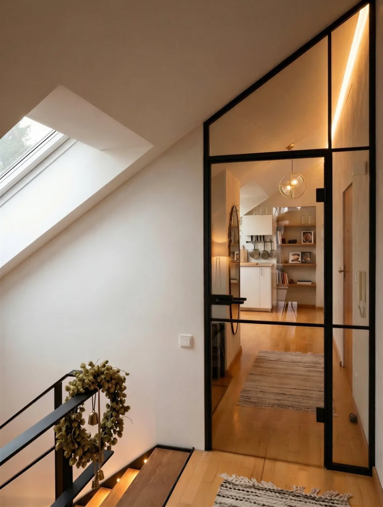 Maßgefertigte Loft-Glastür mit schwarzen Sprossen, perfekt eingepasst in eine Dachschräge.