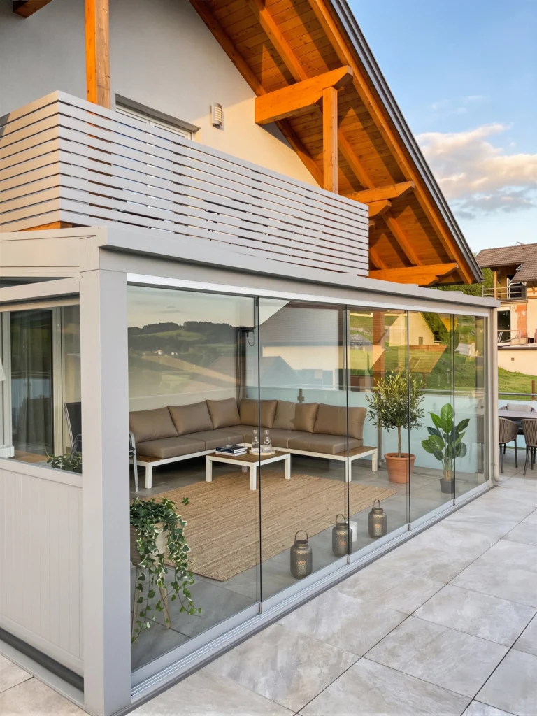Fertiggestellter Sommergarten unter einem Balkon mit rahmenlosen Glasschiebe-Elementen. Die Verglasung schützt eine gemütliche Lounge-Ecke mit braunem Ecksofa und Naturteppich. Das helle Aluminiumprofil passt harmonisch zur modernen Hausfassade.