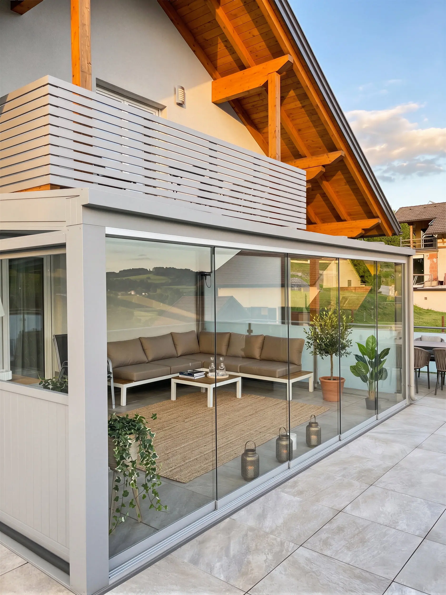 Fertiggestellter Sommergarten unter einem Balkon mit rahmenlosen Glasschiebe-Elementen. Die Verglasung schützt eine gemütliche Lounge-Ecke mit braunem Ecksofa und Naturteppich. Das helle Aluminiumprofil passt harmonisch zur modernen Hausfassade.