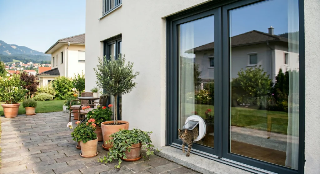 Eine anthrazitfarbene Terrassentür mit moderner Doppelverglasung, in die im unteren Bereich eine kreisförmige Katzenklappe integriert ist.