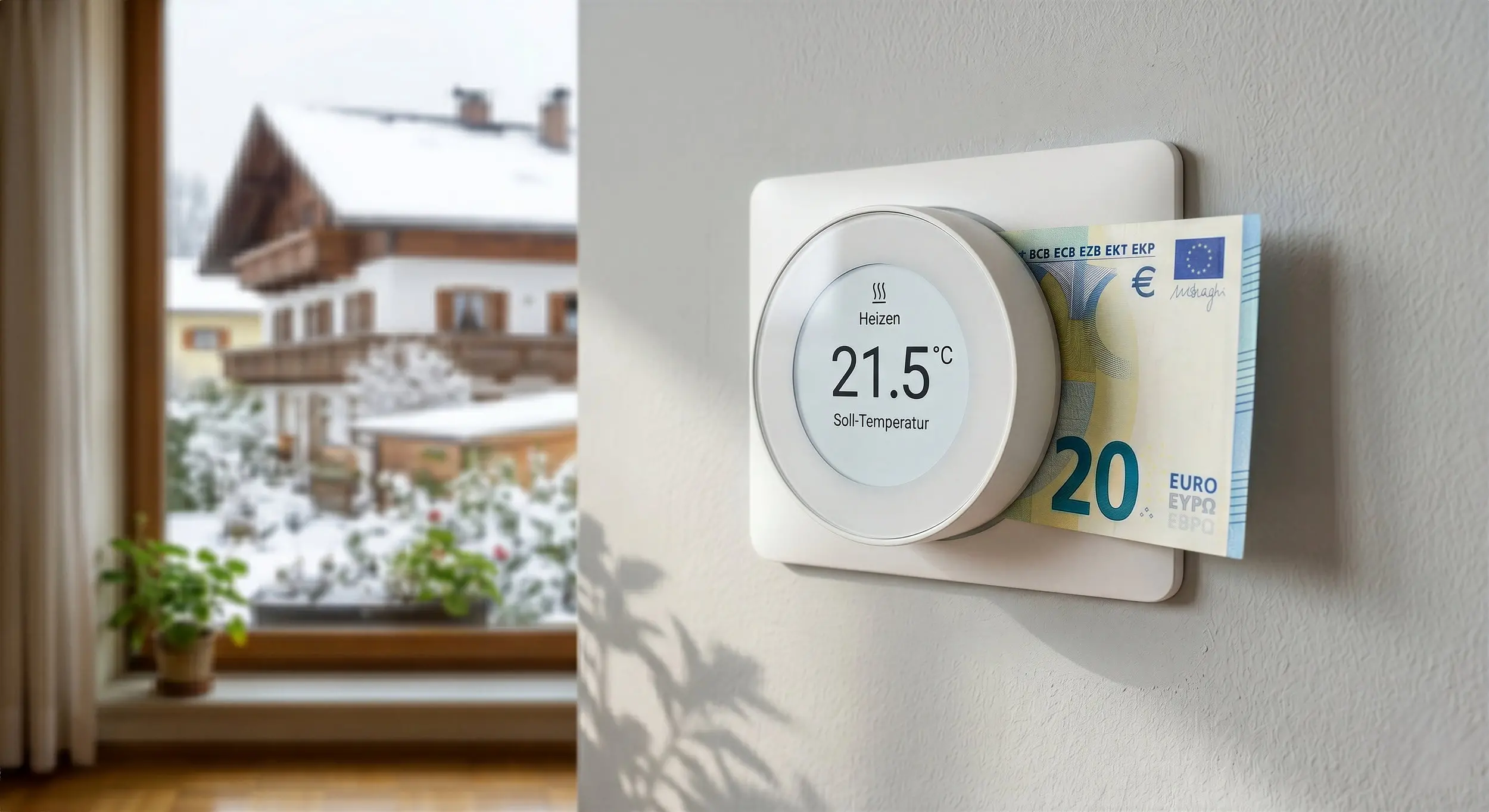 Ein modernes Wandthermostat zeigt eine Solltemperatur von 21,5 Grad an, hinter dem Gehäuse steckt ein 20-Euro-Schein.