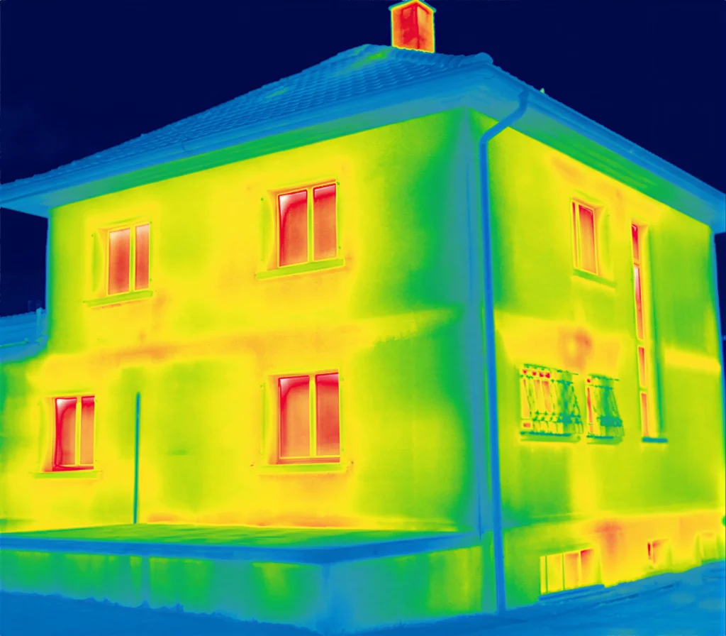Wärmebildaufnahme (Thermografie) eines Einfamilienhauses bei Nacht. Die Fenster leuchten rot und orange, was auf einen hohen Wärmeverlust und schlechte Isolierung der Glasscheiben hindeutet, während die Fassade in kühleren Grün- und Blautönen erscheint.