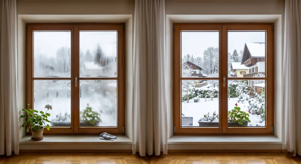 Direktvergleich zweier Holzfenster im Winter: Das linke Fenster zeigt stark beschlagene Scheiben mit Kondenswasserbildung (Vorher), während das rechte Fenster nach dem Isolierglastausch vollkommen klar ist und eine freie Sicht auf die verschneite Landschaft bietet (Nachher).