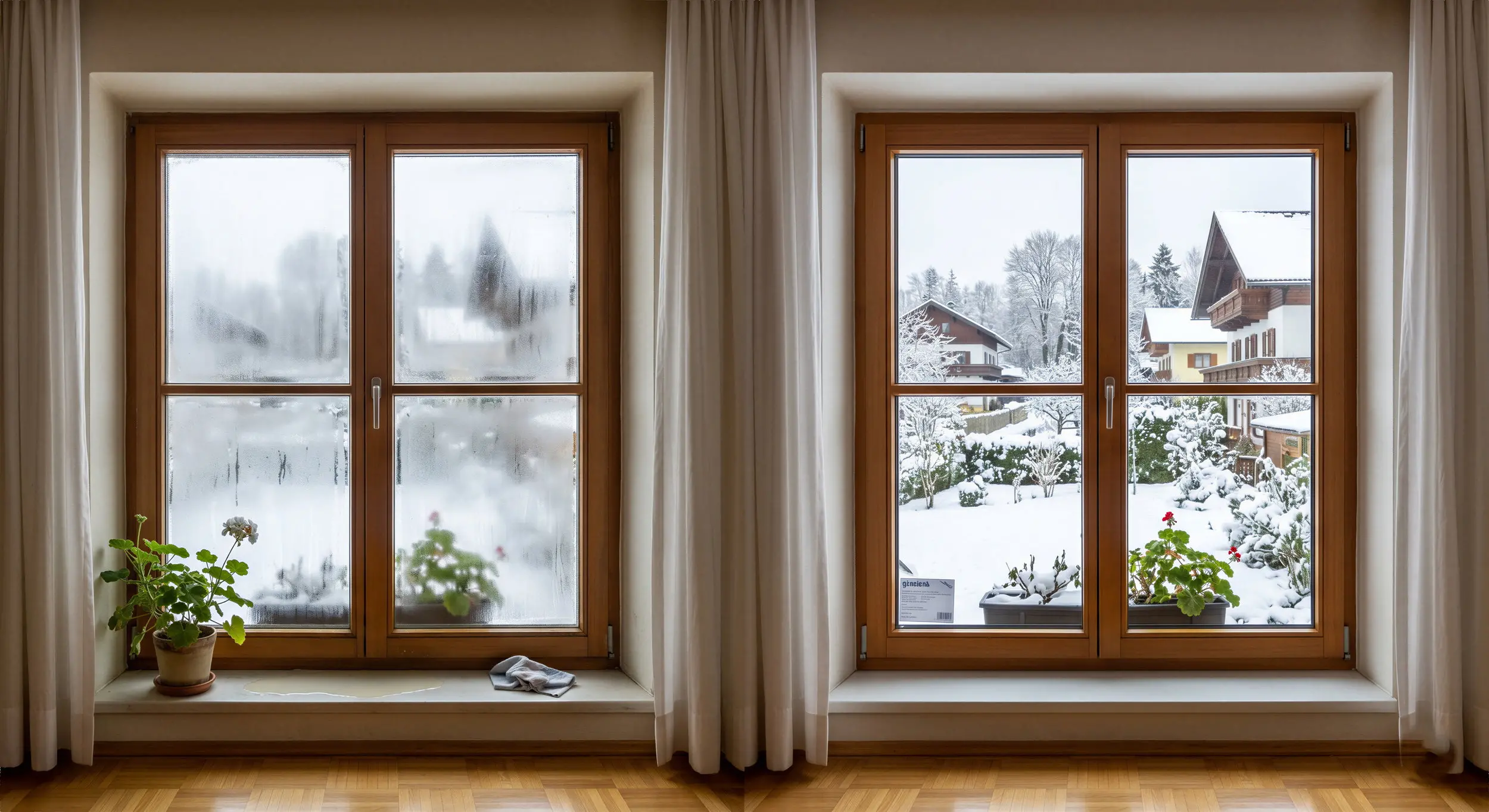 Direktvergleich zweier Holzfenster im Winter: Das linke Fenster zeigt stark beschlagene Scheiben mit Kondenswasserbildung (Vorher), während das rechte Fenster nach dem Isolierglastausch vollkommen klar ist und eine freie Sicht auf die verschneite Landschaft bietet (Nachher).