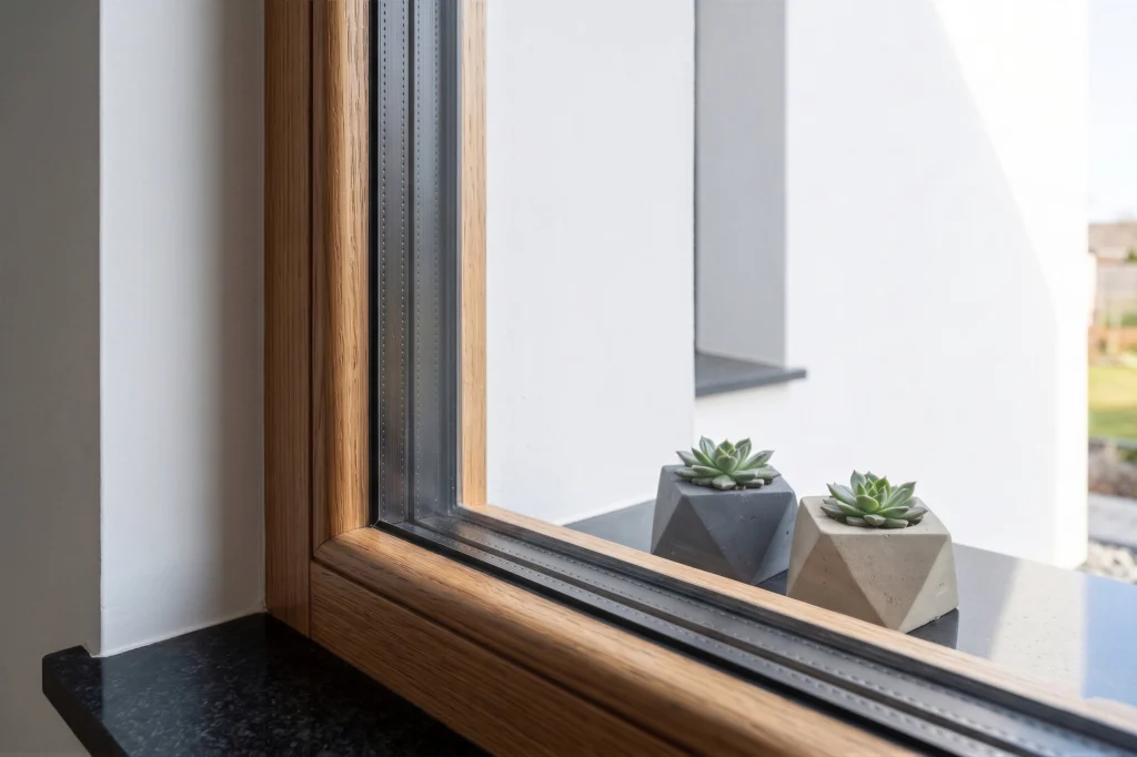 Detailaufnahme eines Holzfensters nach einem Glastausch. Zu sehen ist ein modernes 3-fach-Isolierglas mit schwarzem Randverbund (warme Kante) in einem hochwertigen Holzrahmen auf einer dunklen Fensterbank.