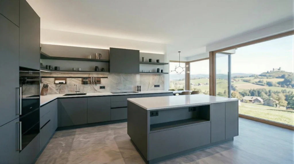 Moderne anthrazitfarbene Küche mit einer Glas-Küchenrückwand in Marmor-Optik und integrierter Beleuchtung unter den Regalen.