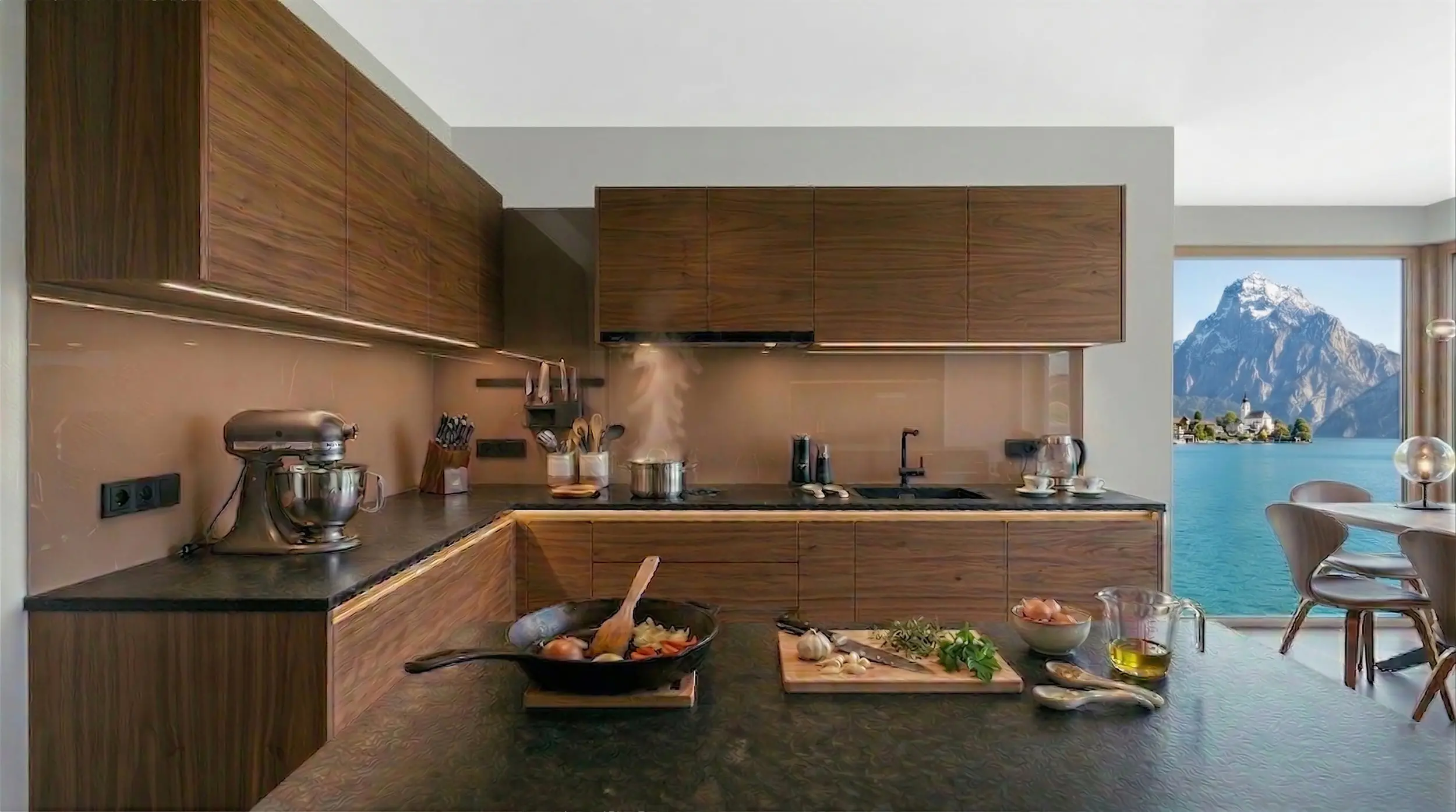 Maßgefertigte Küchenrückwand aus Glas in einem warmen Taupe-Farbton, kombiniert mit dunklen Nussbaum-Küchenfronten und einer dunklen Arbeitsplatte.