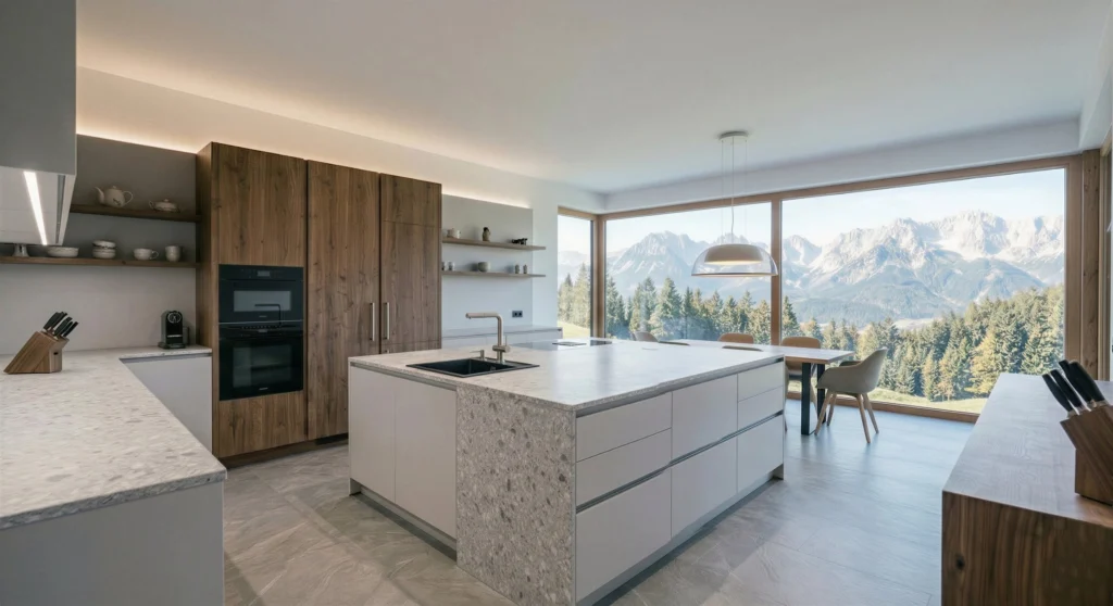 Minimalistische Glas-Küchenrückwand in hellem Grau, kombiniert mit markanten Holzfronten und einer hellen Steinarbeitsplatte in einer modernen Design-Küche.