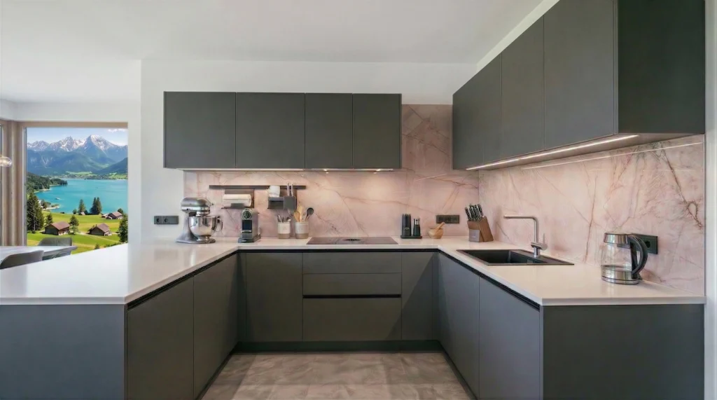 Moderne U-Küche in Anthrazit mit einer großflächigen Glas-Küchenrückwand in rosa Marmor-Design und integrierter Beleuchtung.