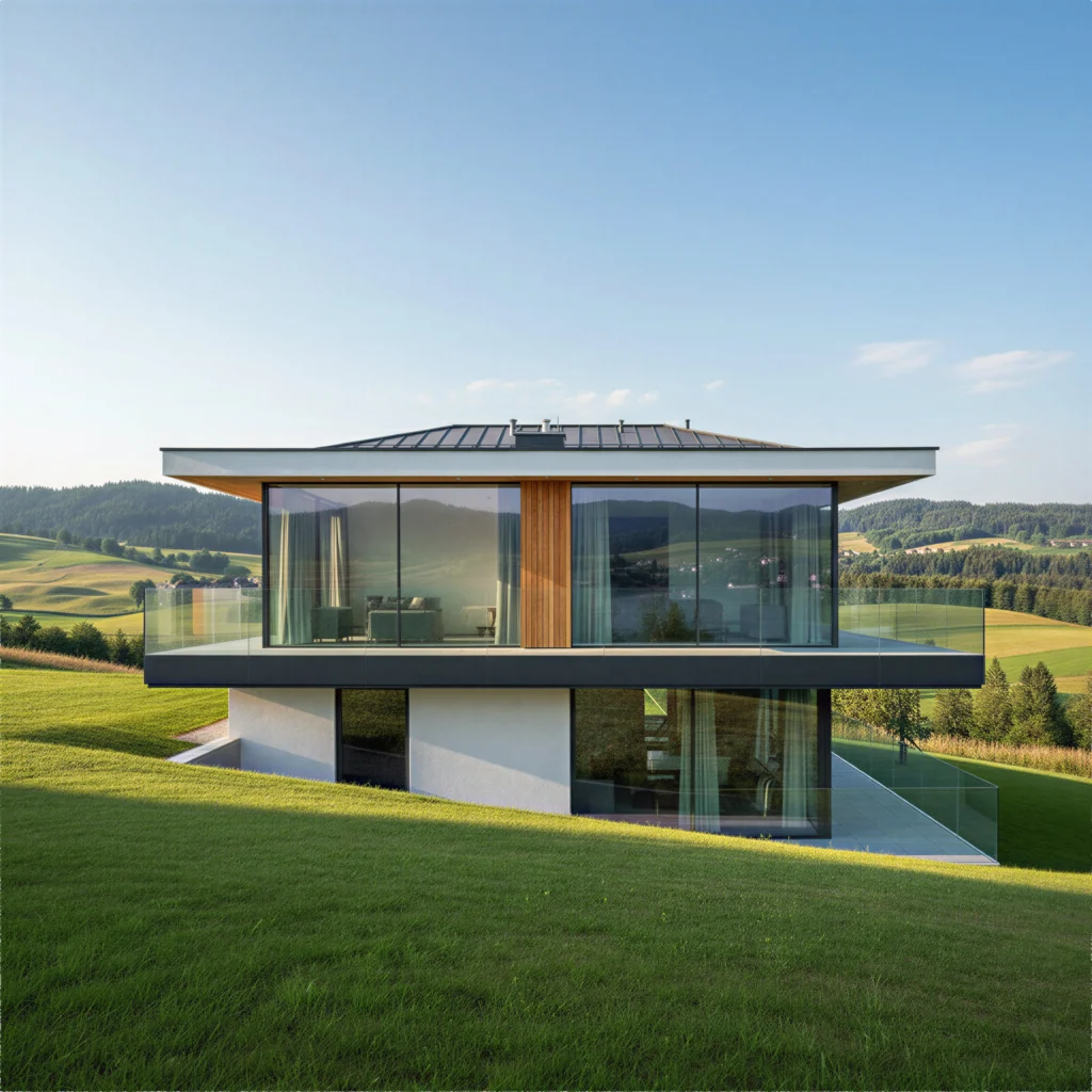 Architekturaufnahme eines modernen Einfamilienhauses in Hanglage mit großen Glasfronten und einem umlaufenden Nurglasgeländer auf dem Balkon sowie der Terrasse, eingebettet in die Hügellandschaft.