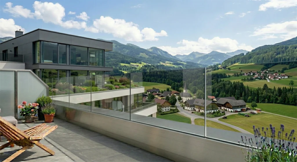 Modernes, rahmenloses Ganzglasgeländer auf einer Dachterrasse mit freiem Blick auf eine alpine Berglandschaft, ein Dorf und grüne Wiesen. Im Vordergrund eine Terrasse mit Holzliege und Lavendel.