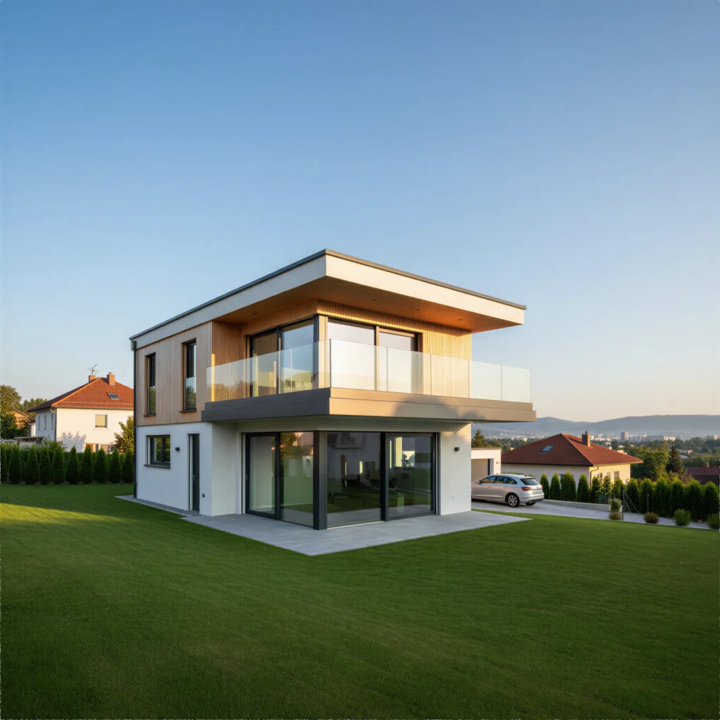 Zweistöckiges modernes Wohnhaus mit weißer Fassade, Holzverkleidung im Obergeschoss und einem großzügigen Balkon mit rahmenlosem Ganzglasgeländer bei Sonnenuntergang.