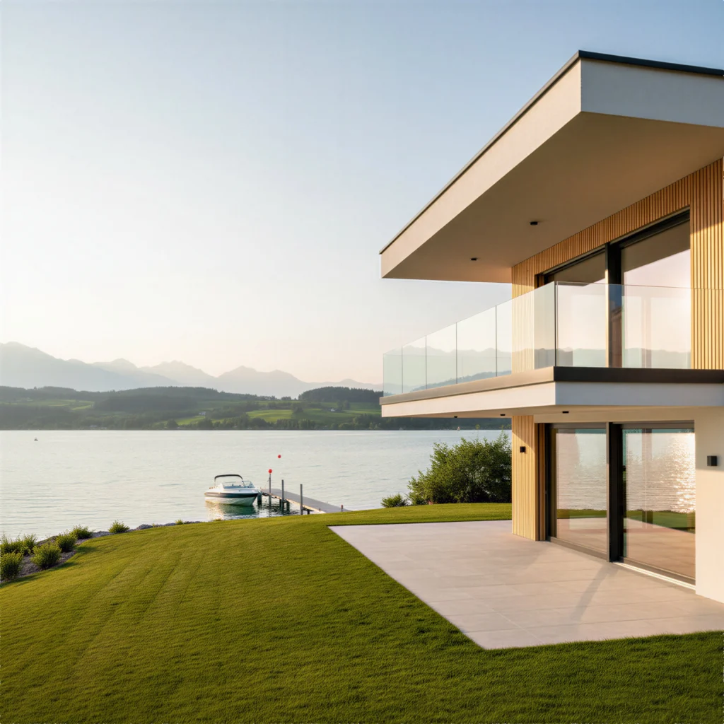 Modernes Seehaus mit rahmenlosem Glasgeländer am Balkon, Blick auf den See, einen Bootssteg mit Motorboot und die umliegende Bergwelt bei Abendsonne.