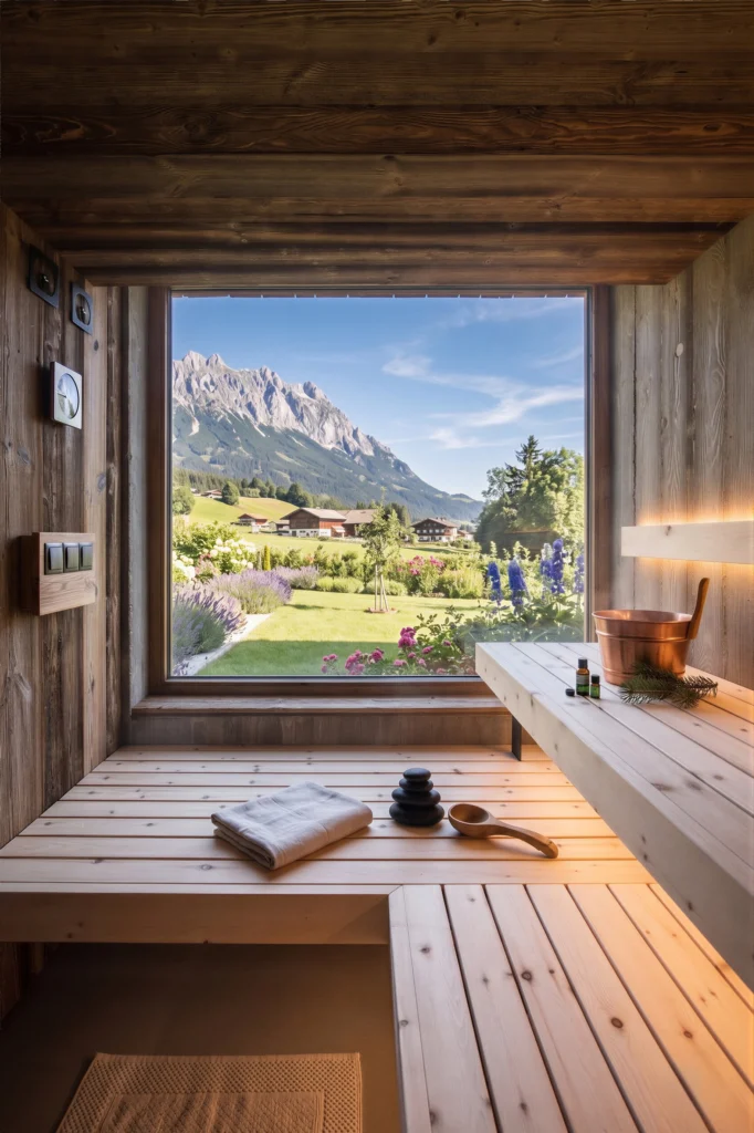 Innenansicht einer modernen Altholz-Sauna mit einem großen Panoramafenster. Der Blick durch das spezialgehärtete Isolierglas zeigt eine beeindruckende Alpenlandschaft mit Bergen und grünen Wiesen unter blauem Himmel.