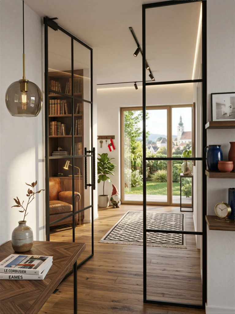 Pendeltür aus Glas im modernen Loftstyle mit schwarzen Sprossen und anthrazitfarbenen Beschlägen, trennt den Flur vom Wohnzimmer.