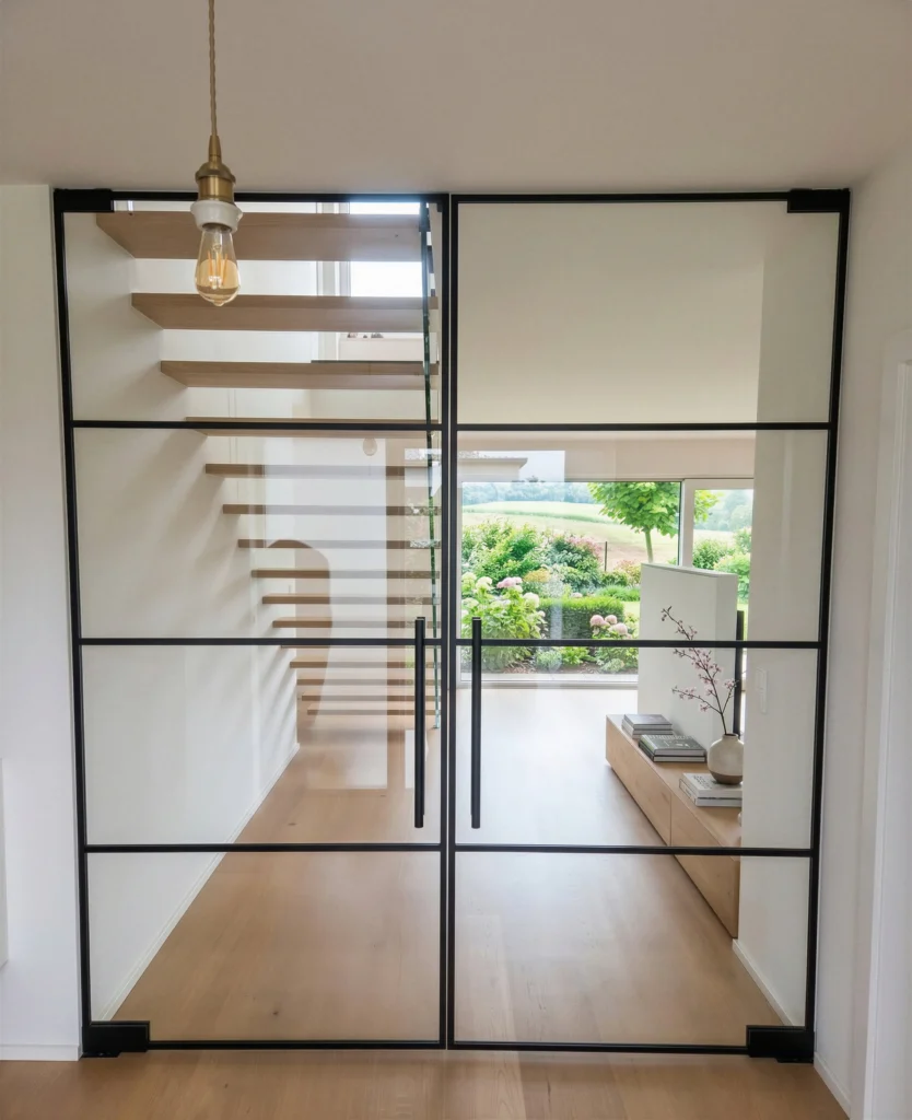 Zweiflügelige Pendeltür aus Glas im Loftstyle mit schwarzen Sprossen und langen vertikalen Stoßgriffen.