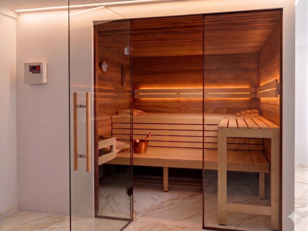 Moderne Heimsauna mit einer großflächigen Glasfront aus Sicherheitsglas und einer rahmenlosen Glastür.