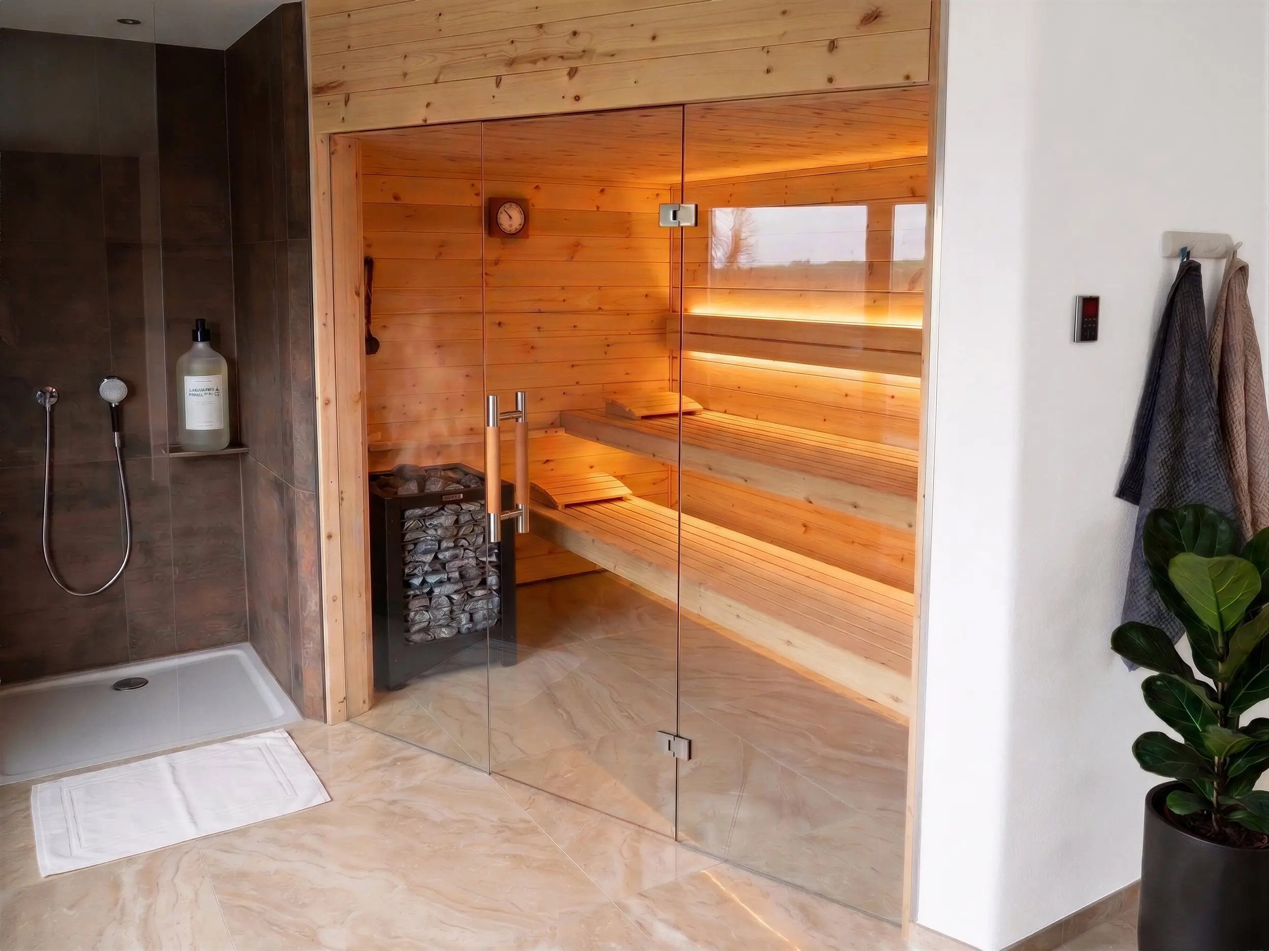 Ganzglasfront einer Sauna im Badezimmer, bestehend aus einem fixen Seitenteil und einer rahmenlosen Glastür. Ein kombinierter Türgriff aus Holz und Edelstahl setzt einen modernen Akzent.