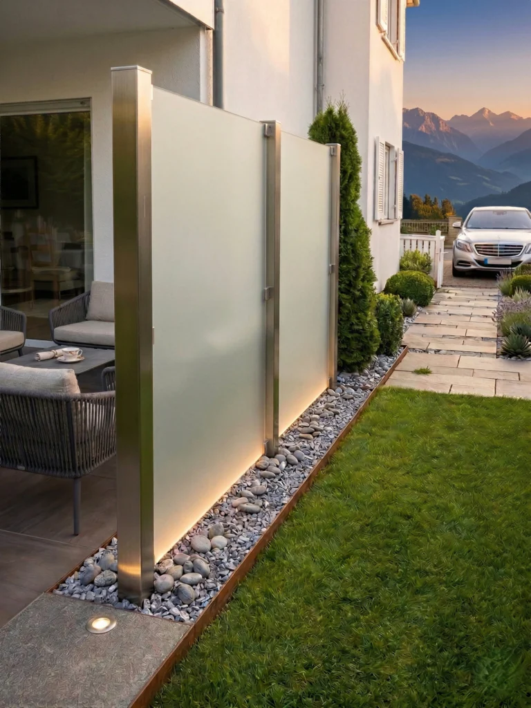 Hochwertiger Sichtschutz aus satiniertem Glas und massiven Edelstahlpfosten auf einer Terrasse. Die Glaselemente werden von unten indirekt beleuchtet. Im Hintergrund sind alpine Berge bei Sonnenuntergang zu sehen.