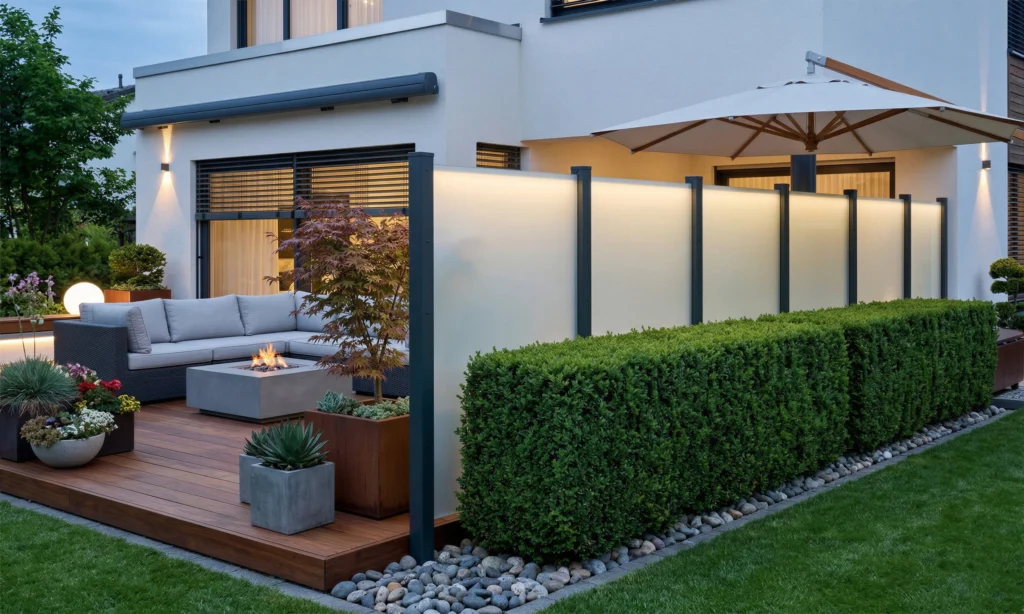 Moderner Sichtschutz aus mattem Glas mit anthrazitfarbenen Pfosten auf einer Holzterrasse. Die Glaspaneele sind von oben beleuchtet und schirmen eine Lounge-Ecke mit Feuerschale und Gartenmöbeln blickdicht ab.