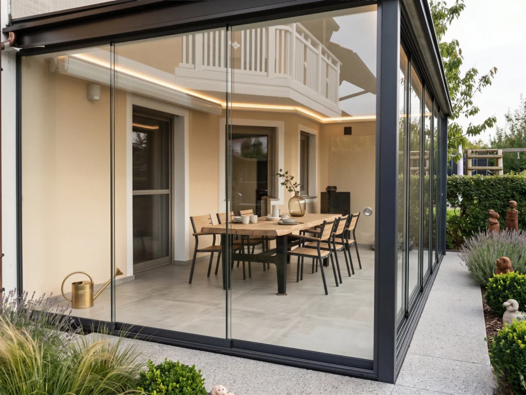 Hochwertige Terrassenverglasung an einem Einfamilienhaus. Die anthrazitfarbenen Profile rahmen rahmenlose Glasschiebewände ein, die einen Essbereich mit Holztisch schützen.