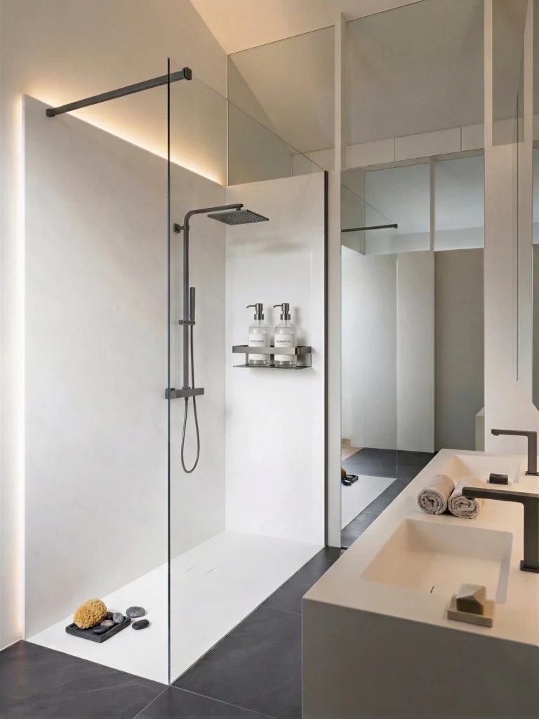 Moderne Walk-In-Dusche mit rahmenloser Glaswand, schwarzen Armaturen und indirekter LED-Beleuchtung in einem minimalistischen Badezimmer.